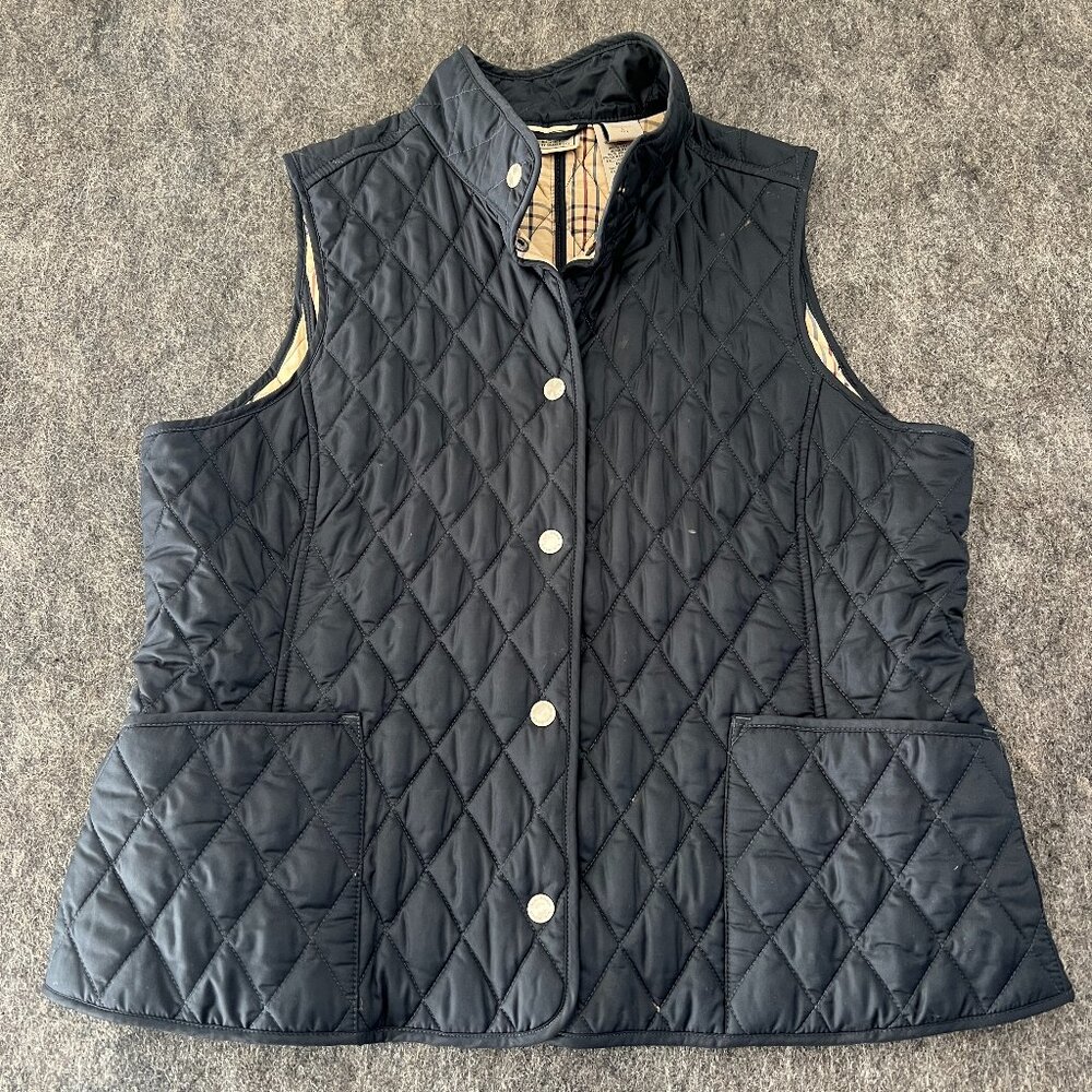LL Bean Women Large Petite‎ Plaid Lined Quilted Snap Up Vest Navy Blue